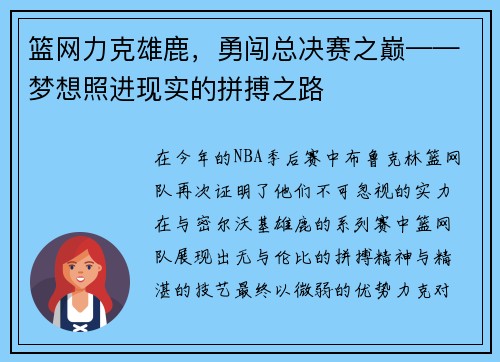 篮网力克雄鹿，勇闯总决赛之巅——梦想照进现实的拼搏之路