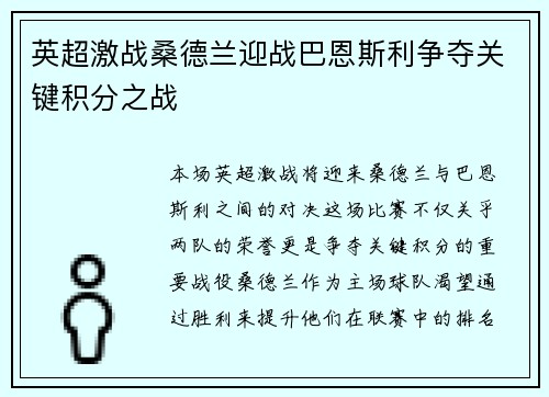 英超激战桑德兰迎战巴恩斯利争夺关键积分之战