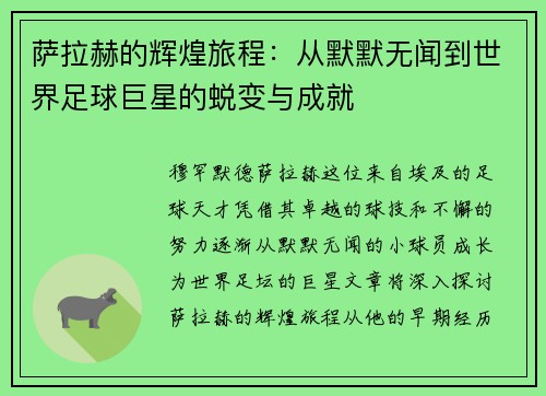 萨拉赫的辉煌旅程：从默默无闻到世界足球巨星的蜕变与成就