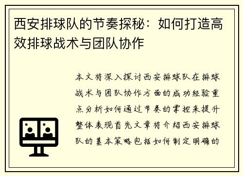 西安排球队的节奏探秘：如何打造高效排球战术与团队协作