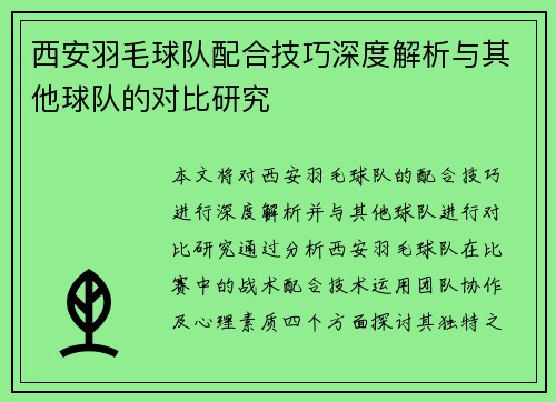 西安羽毛球队配合技巧深度解析与其他球队的对比研究