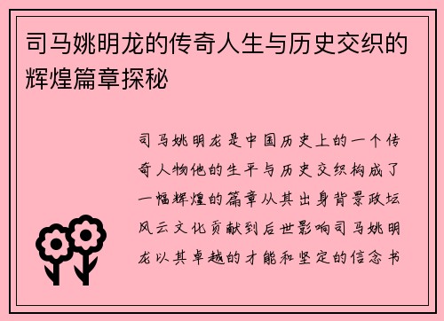 司马姚明龙的传奇人生与历史交织的辉煌篇章探秘